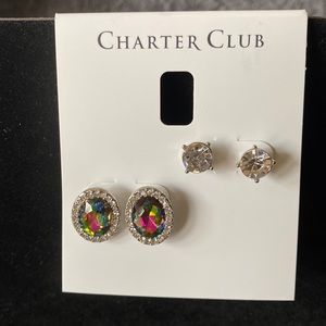 NWT By Charter Club Silver Tone 2 Pc. Set Crystal & Pave Stone, Stud Earring Set